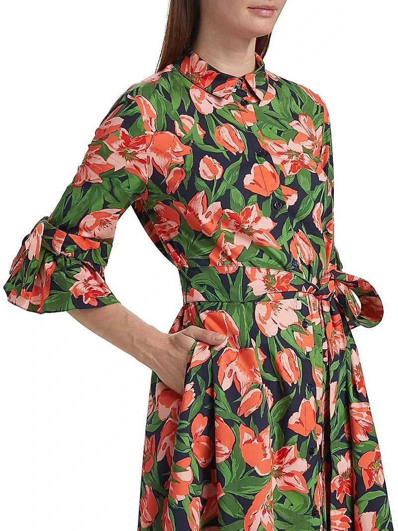 Tulip Stretch Cotton Bow-Sleeve Shirtdress