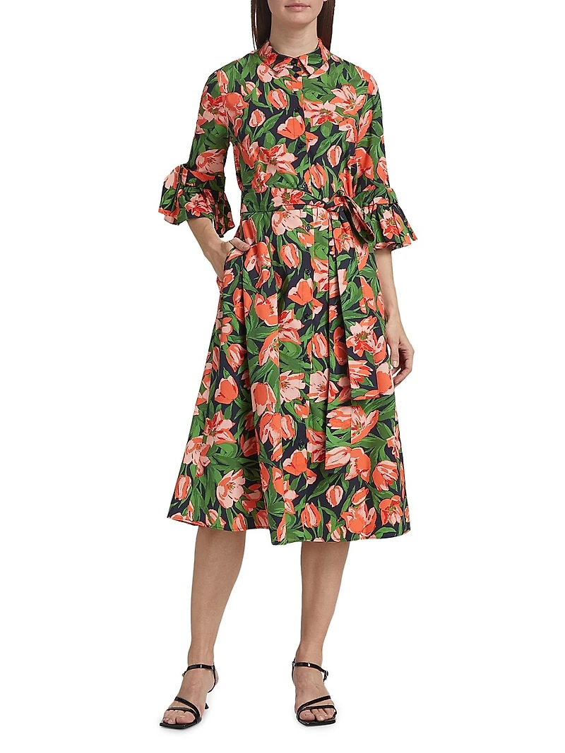 Tulip Stretch Cotton Bow-Sleeve Shirtdress