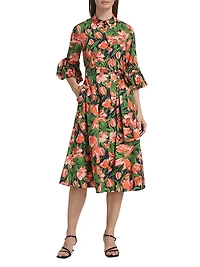 Tulip Stretch Cotton Bow-Sleeve Shirtdress