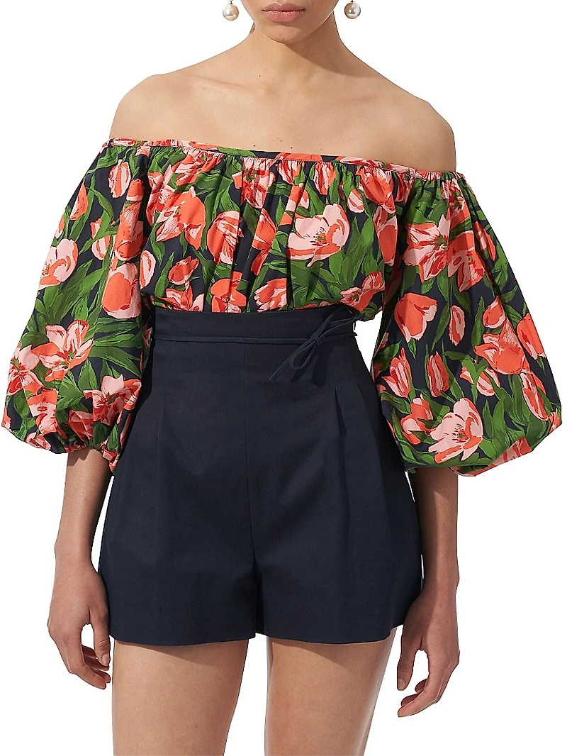 Floral Stretch-Cotton Puff-Sleeve Off-the-Shoulder Top