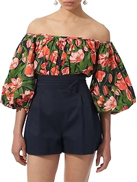 Floral Stretch-Cotton Puff-Sleeve Off-the-Shoulder Top