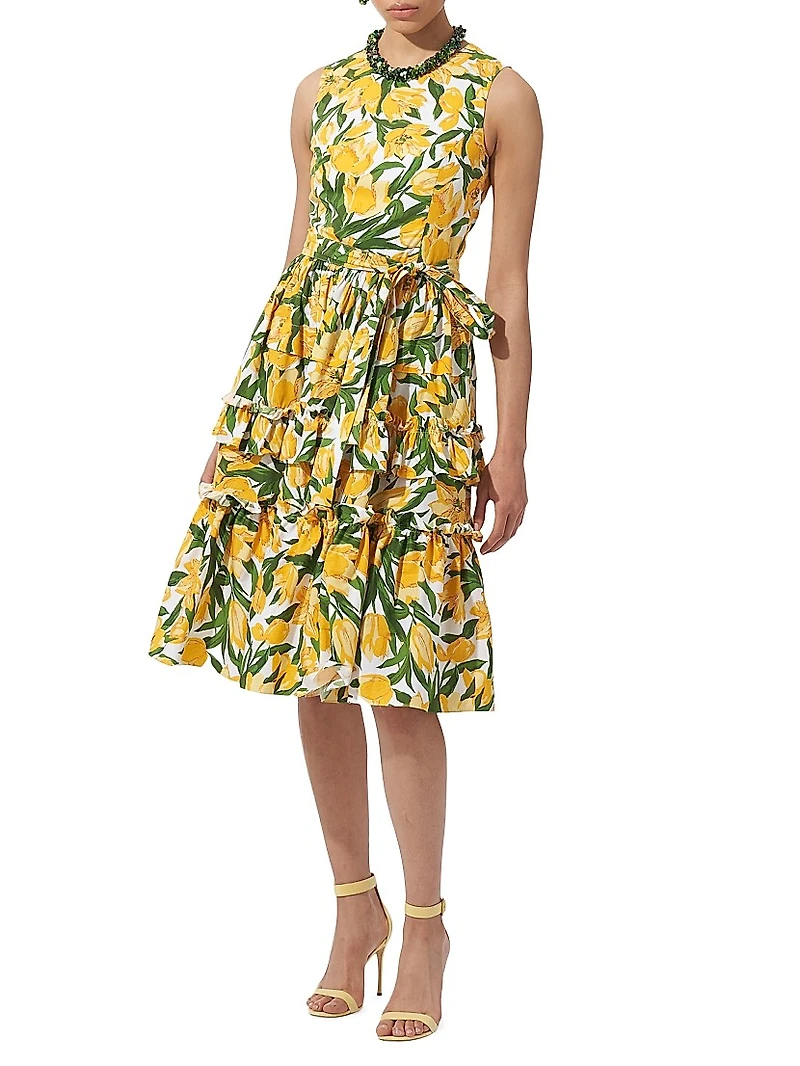 Floral Cotton-Blend Ruffled Midi-Dress