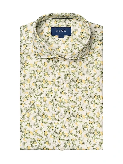 Slim Fit Banana Print Linen Short Sleeve Shirt