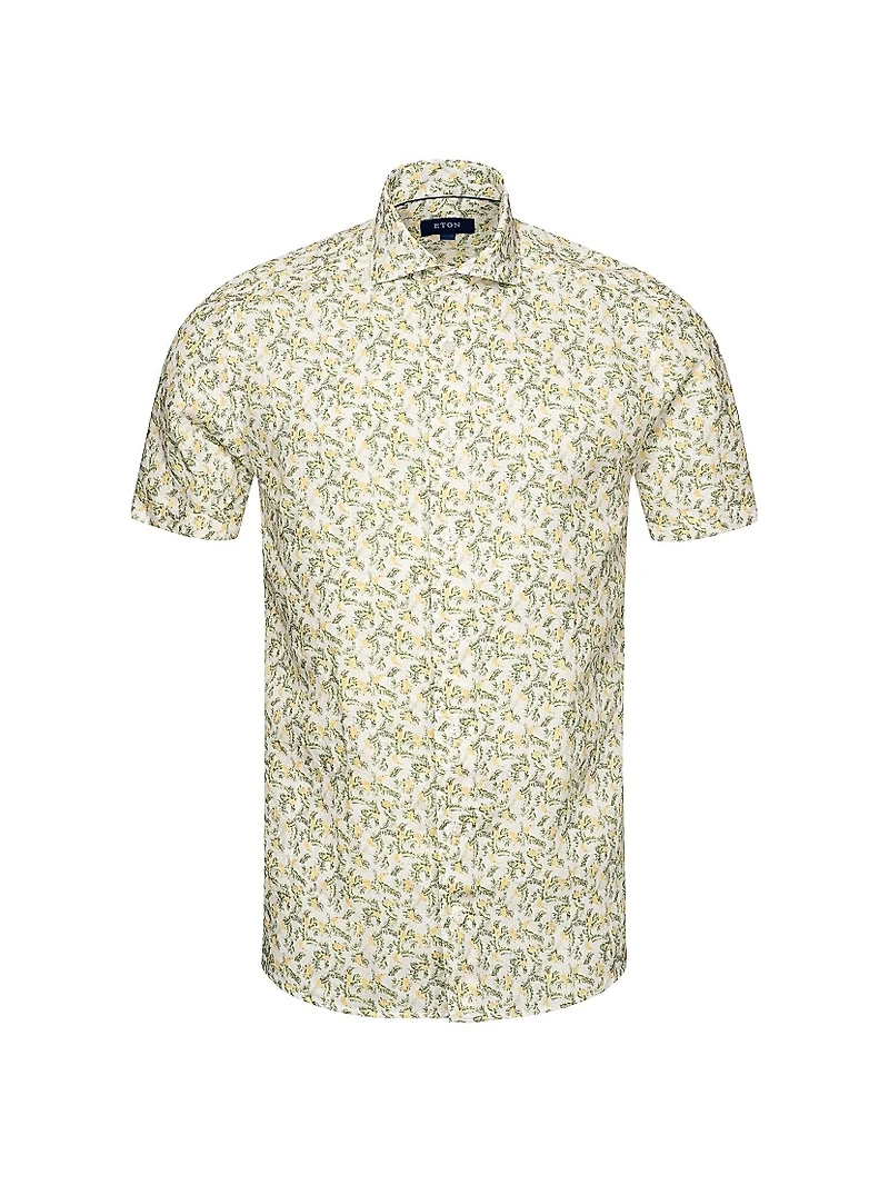 Slim Fit Banana Print Linen Short Sleeve Shirt