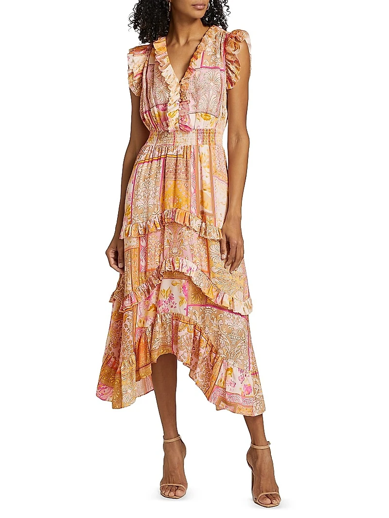 The Layla Printed Ruffle-Trim Midi-Dress