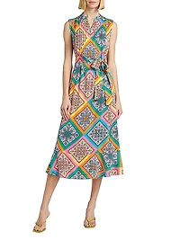 Phoebe Mosaic Silk Tie-Waist Midi-Dress