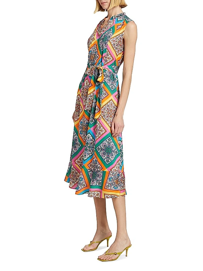 Phoebe Mosaic Silk Tie-Waist Midi-Dress