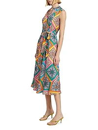 Phoebe Mosaic Silk Tie-Waist Midi-Dress