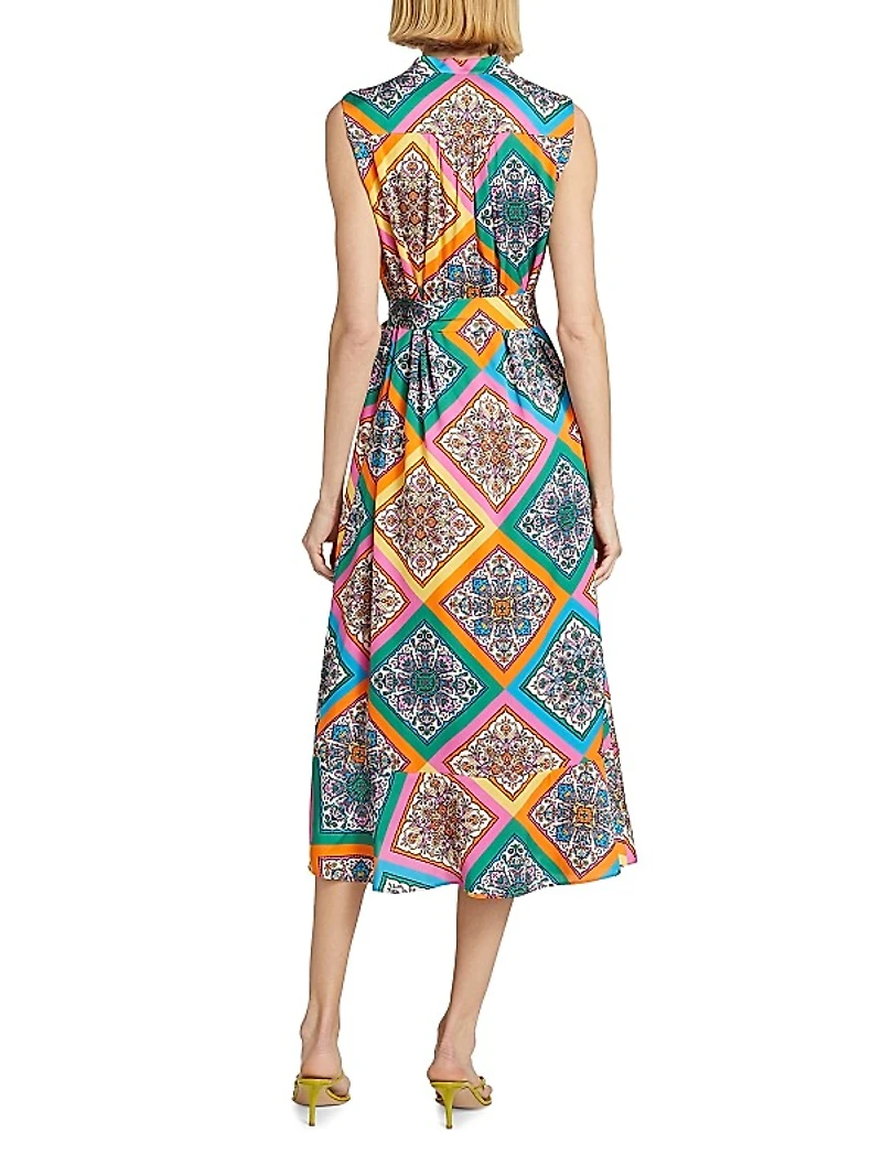 Phoebe Mosaic Silk Tie-Waist Midi-Dress