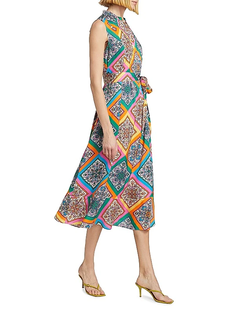 Phoebe Mosaic Silk Tie-Waist Midi-Dress