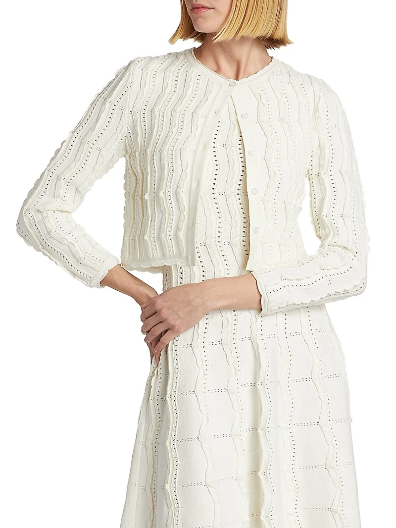 Wave-Knit Crewneck Crop Cardigan