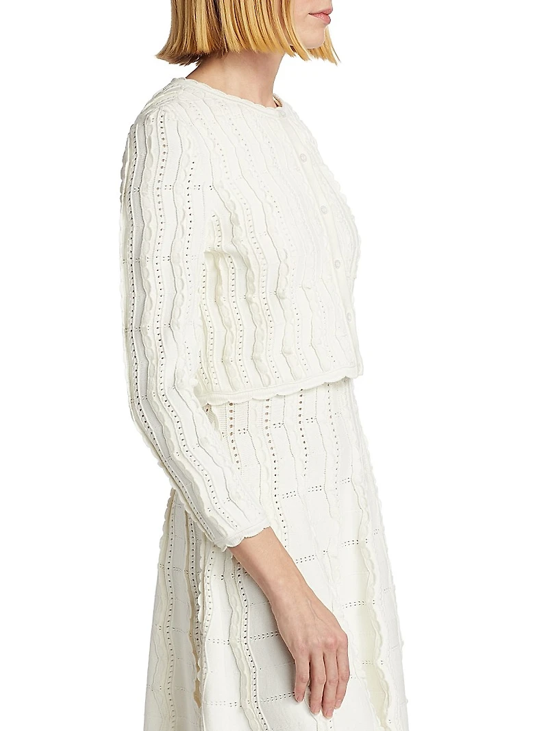 Wave-Knit Crewneck Crop Cardigan