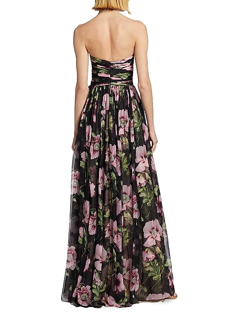 Poppies Silk Chiffon Strapless Gown