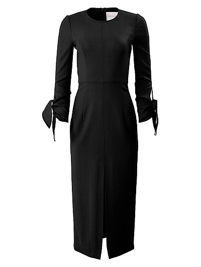 Stretch Wool Tie-Cuff Midi-Dress