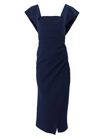 Ruched Square-Neck Midi-Dress