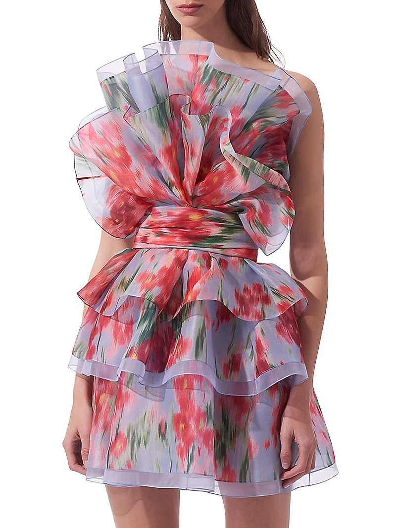 Floral Silk Ruffled Strapless Minidress