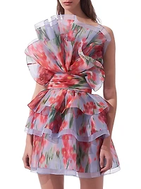 Floral Silk Ruffled Strapless Minidress