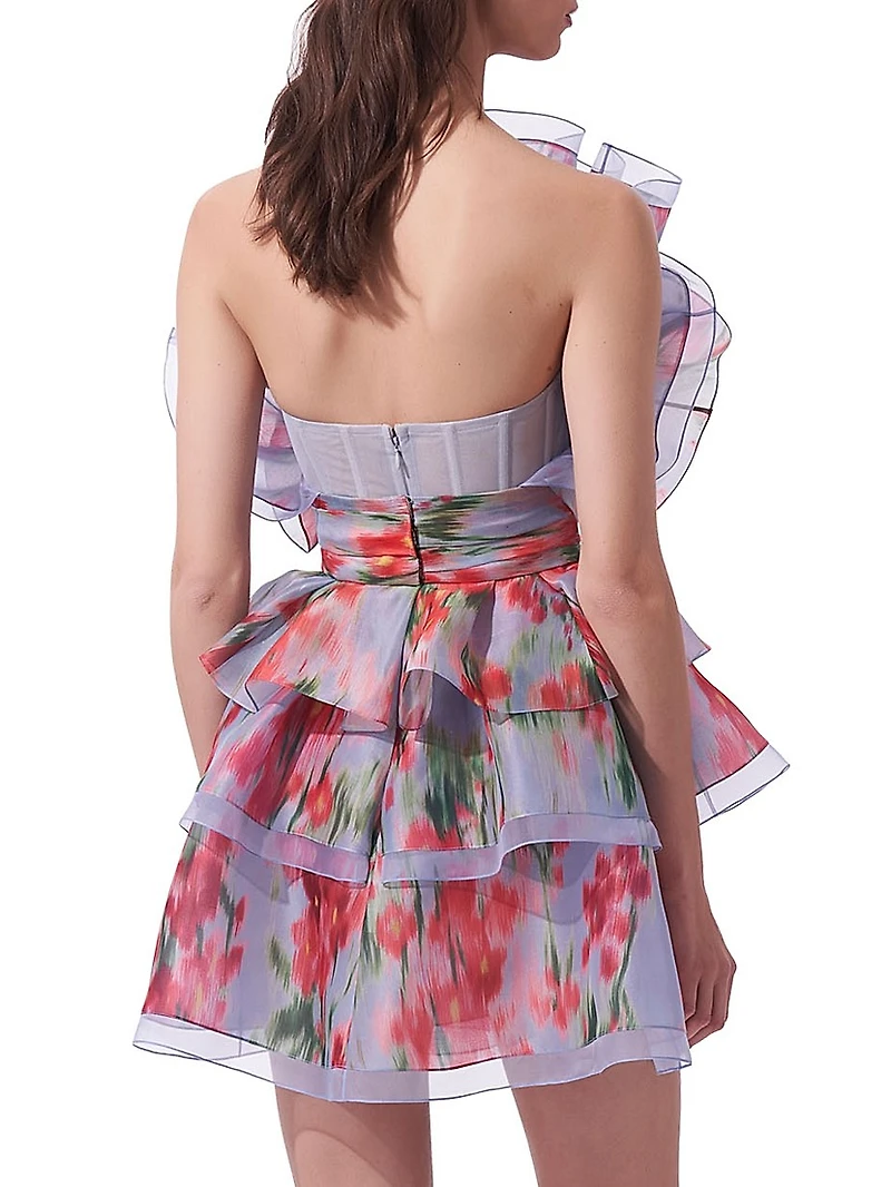 Floral Silk Ruffled Strapless Minidress