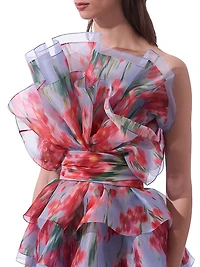 Floral Silk Ruffled Strapless Minidress