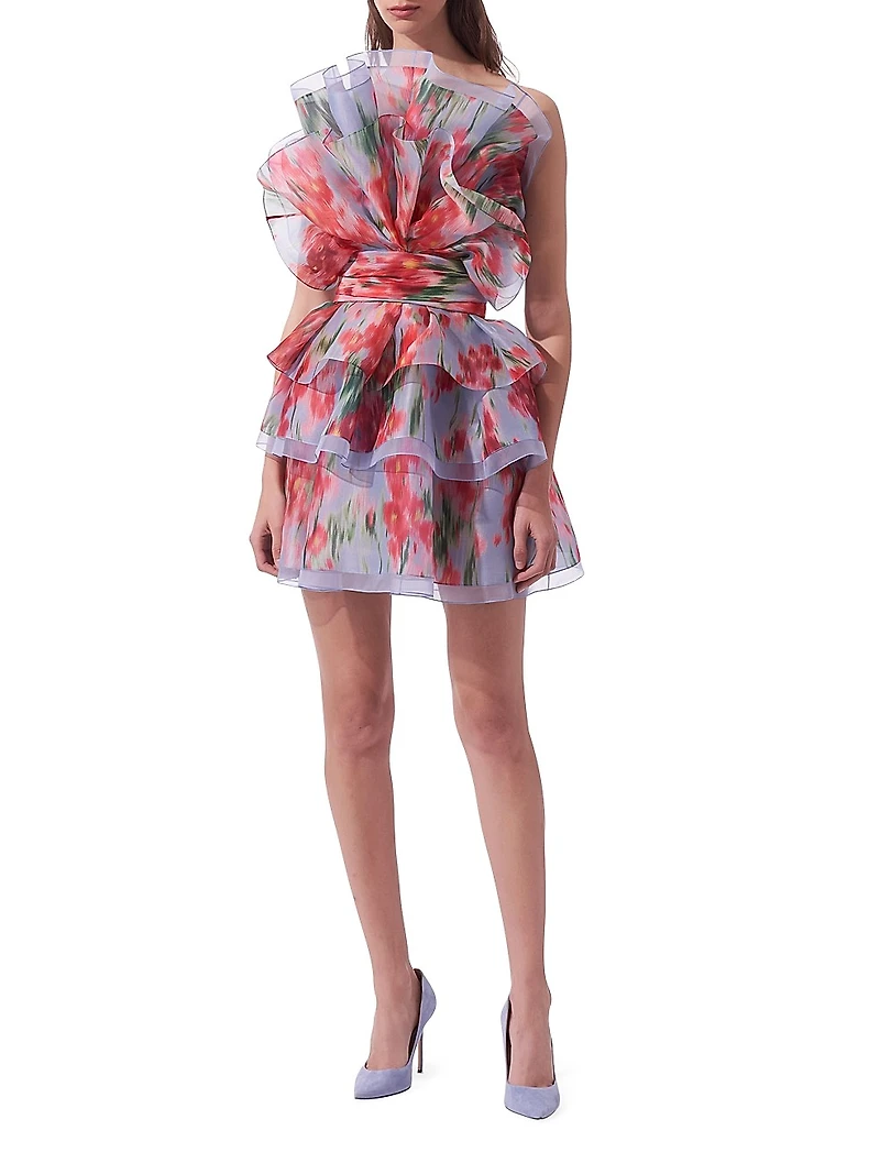 Floral Silk Ruffled Strapless Minidress
