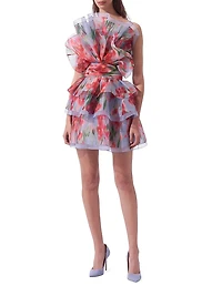 Floral Silk Ruffled Strapless Minidress