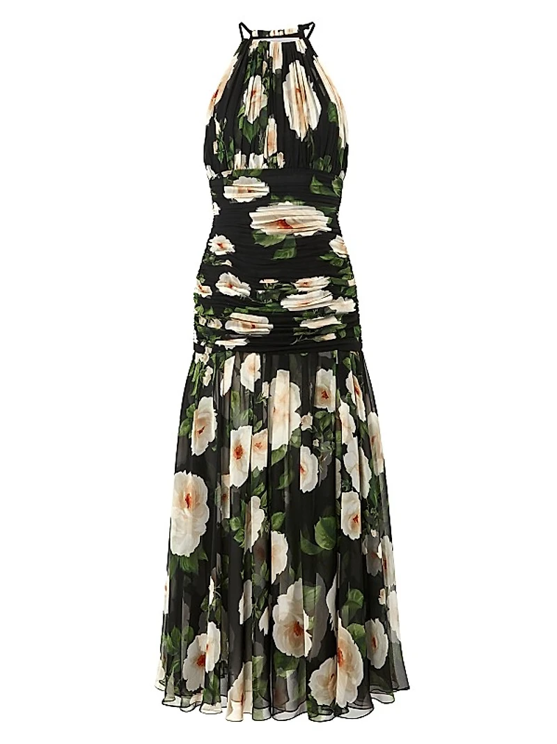 Floral Silk Ruched Halter Midi-Dress