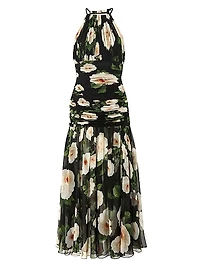 Floral Silk Ruched Halter Midi-Dress
