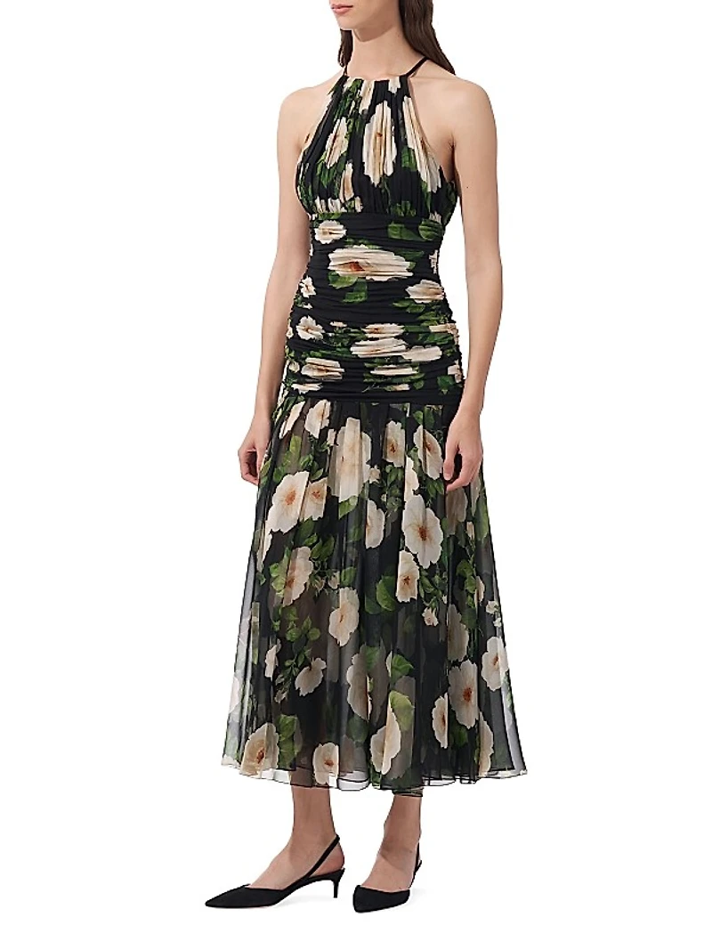 Floral Silk Ruched Halter Midi-Dress