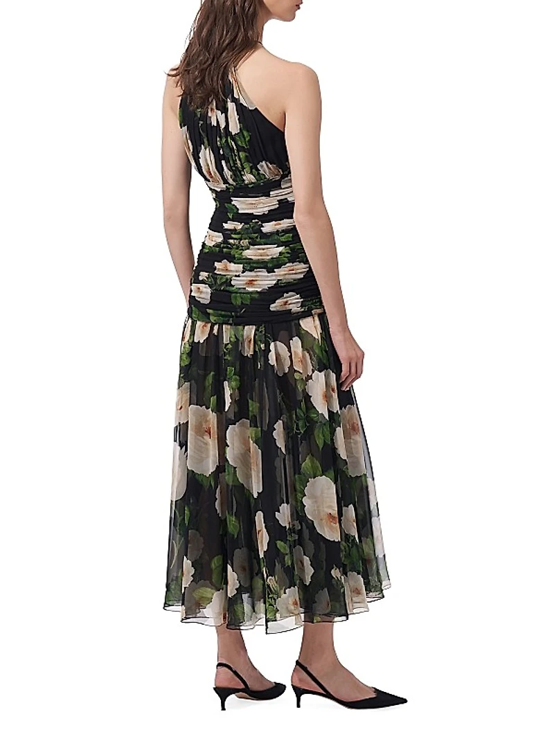 Floral Silk Ruched Halter Midi-Dress