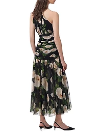 Floral Silk Ruched Halter Midi-Dress