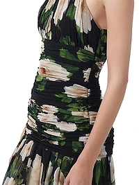 Floral Silk Ruched Halter Midi-Dress