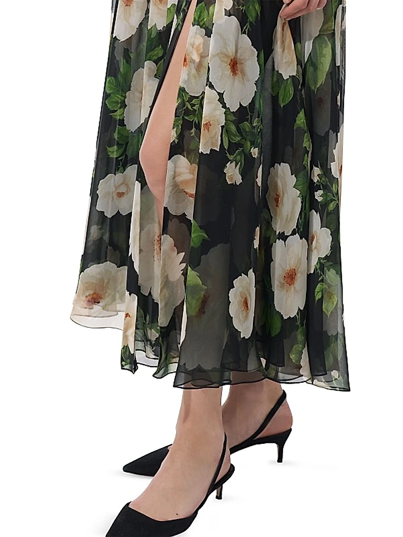 Floral Silk Ruched Halter Midi-Dress