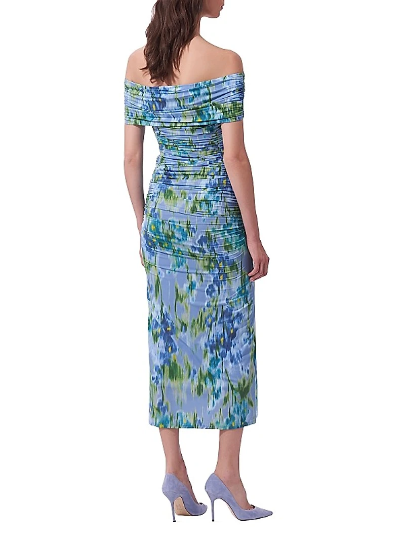 Floral Ruched Off-the-Shoulder Midi-Dress