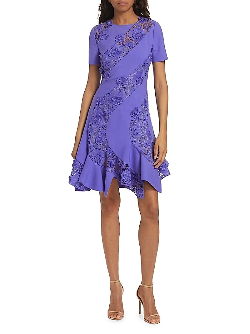 Stretch-Wool Floral Guipure Lace Minidress