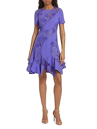 Stretch-Wool Floral Guipure Lace Minidress