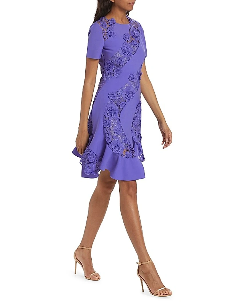 Stretch-Wool Floral Guipure Lace Minidress