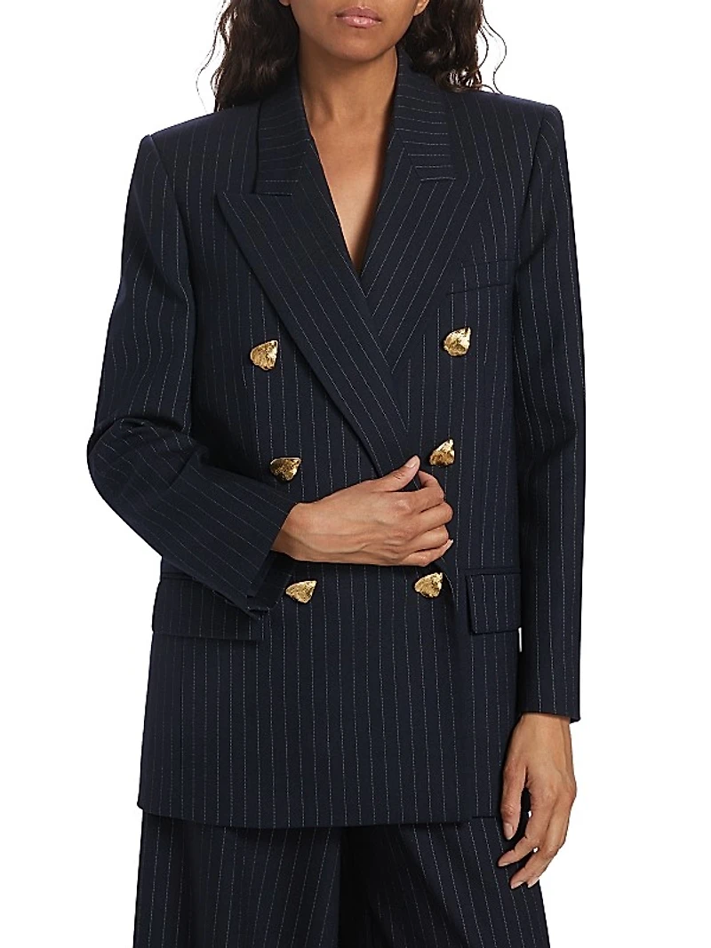Pinstriped Wool Double-Breasted Blazer