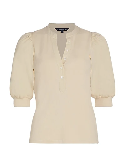 Coralee Rib-Knit Puff-Sleeve Top