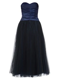 Pleated Bustier Tulle Midi-Dress