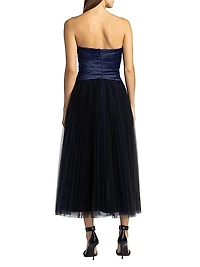 Pleated Bustier Tulle Midi-Dress