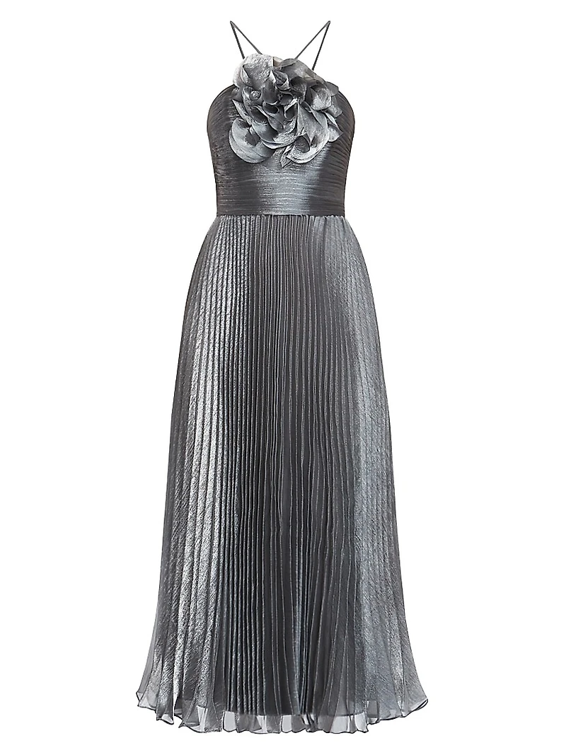 Pleated Lamé Midi-Dress