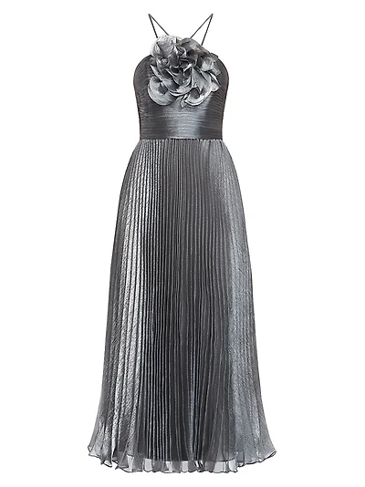 Pleated Lamé Midi-Dress