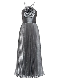 Pleated Lamé Midi-Dress