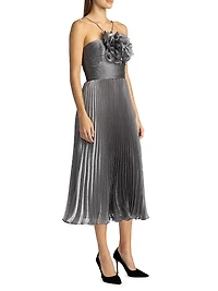 Pleated Lamé Midi-Dress