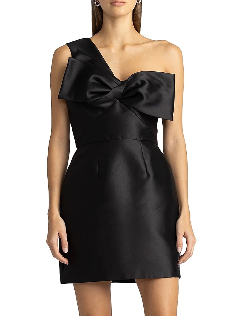 Taffeta Twisted Bow One-Shoulder Cocktail Dress