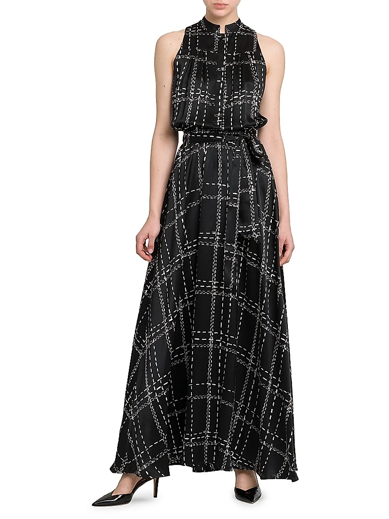 Geometric Silk Sleeveless Belted Maxi Dress