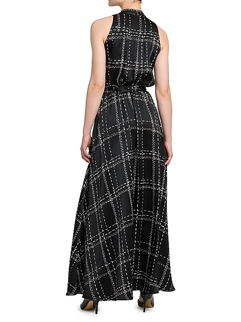 Geometric Silk Sleeveless Belted Maxi Dress