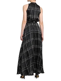 Geometric Silk Sleeveless Belted Maxi Dress