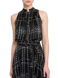 Geometric Silk Sleeveless Belted Maxi Dress