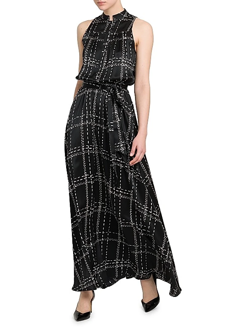 Geometric Silk Sleeveless Belted Maxi Dress